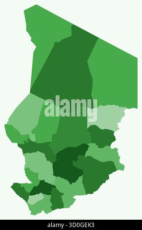 Map of Chad with regions. Just a simple country border map with region division. Green color palette. Stock Vector