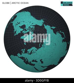 Vector Globe centered on the Arctic Ocean, featuring a Dark Charcoal and Turquoise palette. Stock Vector