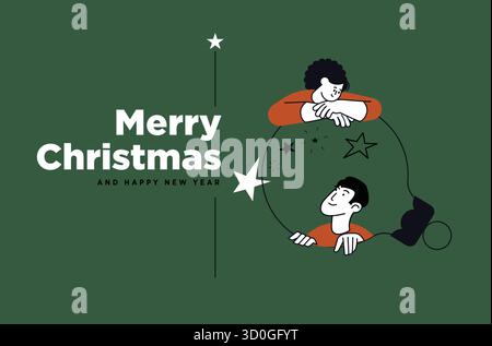 Festive christmas greeting featuring cheerful characters inside a decorative bulb illustration Stock Vector