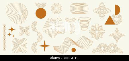 A set of geometric line elements featuring swirls, circles, and stars in a modern aesthetic. Stock Vector
