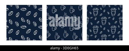 Seamless hand-drawn pattern with coffee cups and beans on a dark blue background. Ideal for cafe decor, packaging, or textile design. Stock Vector