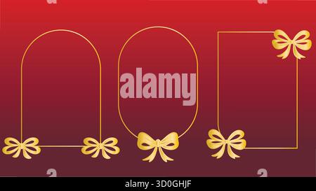 Set of golden frames with bows on red velvet background. Empty space for text. Templates for gingerbread cards, invitations, and greetings. Vector Stock Vector