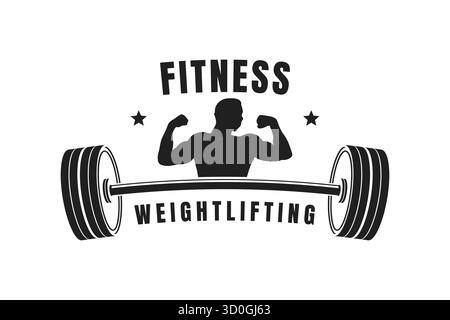 Monochromatic gym logo featuring a strongman silhouette flexing with a barbell, accented by stars and bold typography for fitness and weightlifting Stock Vector