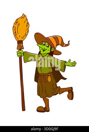 Groovy cartoon Halloween witch with broomstick Stock Vector