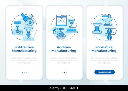 Types of manufacturing methods blue onboarding mobile app screen Stock Vector