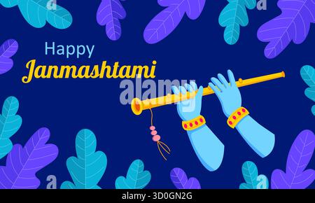 Festive Janmashtami banner with traditional flute, pot and peacock feather. Perfect for religious greetings, web design and celebration announcements. Stock Vector