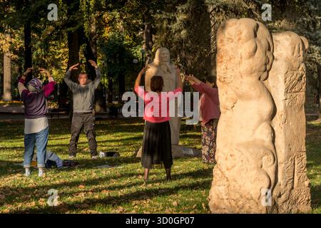 Fitness people practicing yoga and morning exercises in Bishkek Park. Stock Photo