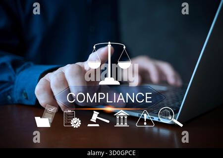 Conceptual image of corporate compliance and legal regulations showing balance of justice, law icons, data protection on a digital screen, symbolizing Stock Photo