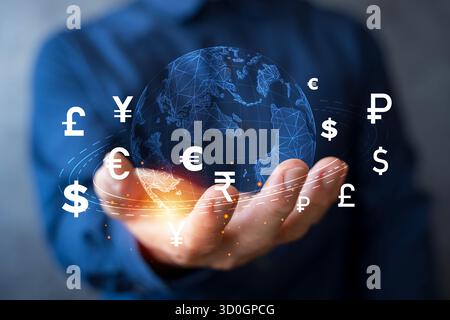 Modern concept of global finance showing multiple currency symbols around digital world map, representing international money exchange, banking, trade Stock Photo