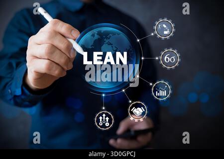 Concept of lean management and six sigma methodology for business process improvement, showing digital interface with efficiency icons, productivity, Stock Photo
