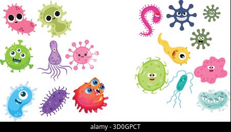 Collection of cute cartoon germs and bacteria funny virus, microbe, pathogen, parasite, and microorganism Stock Vector