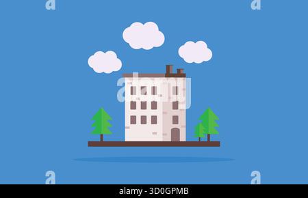 Illustration of a building with trees and clouds on a blue background in cartoon style Stock Vector