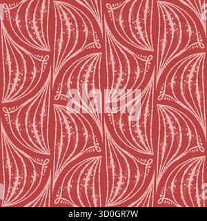 Geometric seamless pattern with ink line texture forming elegant fan shape. Hand drawn vector lineart with red and pink monochrome color. Ideal for wallpaper textile design and sketch style templates. Stock Vector