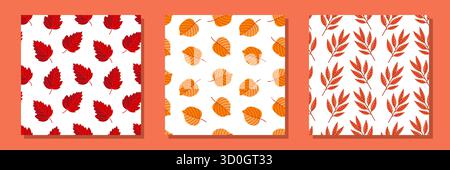 This collection includes a delightful set of three seamless patterns featuring beautifully designed leaves against a vibrant red, white, and orange ba Stock Vector