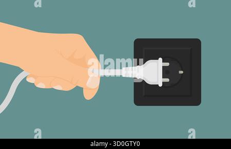 Hand gripping power cord and unplugging it from wall outlet. Electrical hazard concept Stock Vector
