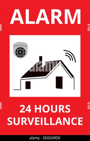 Red alarm 24 hours surveillance banner isolated on a white background Stock Vector