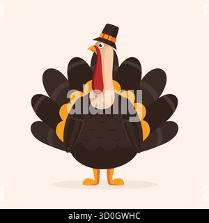 Cartoon turkey flat illustration wearing pilgrim hat ideal for Thanksgiving, seasonal design elements, greeting cards, and seasonal promotions. Stock Vector