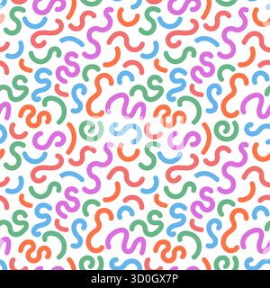 Bright abstract seamless pattern in Memphis style with squiggles and geometric shapes in multiple colors on white background. Stock Vector