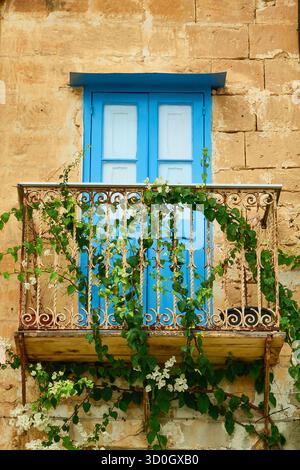 Bright Blue Door Balcony With Ivy On Rustic Stone Wall - Mediterranean Street Charm Stock Photo