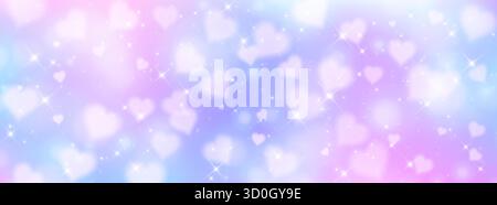 Unicorn bokeh background with heart pattern and sparkling stars on soft gradient. Cute pastel blue, pink and purple colors. Dreamy romantic atmosphere for fairy tale, fantasy or girly design wallpaper Stock Vector