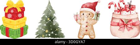 Watercolor christmas elements featuring snowman, candy cane, snowflake, bell Stock Vector