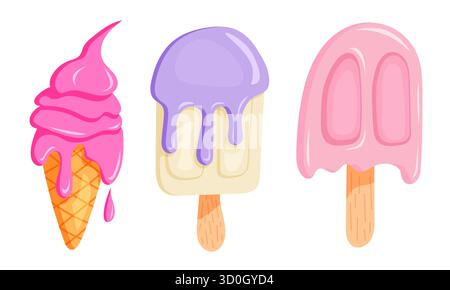 Three ice cream illustrations with dripping toppings in pink, purple and vanilla flavors. Great for kids, packaging and summer prints. Stock Vector
