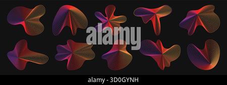 Amorphous ripple shape set with flowing gradient lines and organic wave patterns for abstract design. Colorful fluid forms with purple, red and yellow hues. Dynamic modern decorative elements Stock Vector