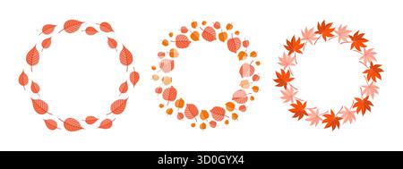 Set of fall-themed wreath illustrations made with hand-drawn leaves in various shapes and warm tones. Stock Vector