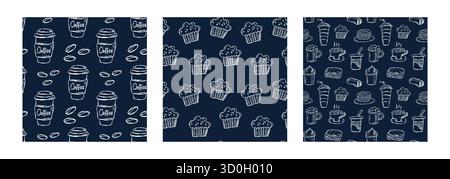 Hand drawn coffee elements in a seamless vector pattern. Includes cups, mugs, beans and pots. Perfect for cafe branding, packaging and wrapping. Stock Vector