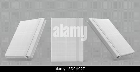 Closed notebook with hardcover and elastic band for journal or planner mockup presentation on transparent background. White blank books with spine and strap closure. Clean stationery templates. Stock Vector