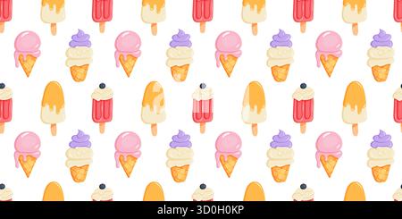 Hand-drawn seamless pattern featuring multiple ice cream cones and toppings in bright pastel shades. Perfect for packaging, fabric, and summer brandin Stock Vector