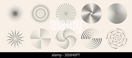 Dot radial ripple patterns with concentric circles and spiral formations on beige background. Black dotted geometric designs with halftone textures. Abstract minimalist circular motion effects. Stock Vector