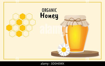 Organic honey jar on wooden stand with chamomile flower and honeycomb Stock Vector