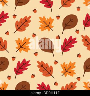 Autumn themed seamless pattern featuring hand drawn leaves elements in warm colors suitable for wrapping paper, fabric prints, and seasonal events. Stock Vector