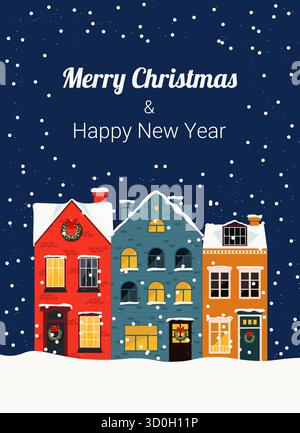 A Merry Christmas card design featuring colorful houses with snow and festive decorations, set against a blue winter sky. Stock Vector