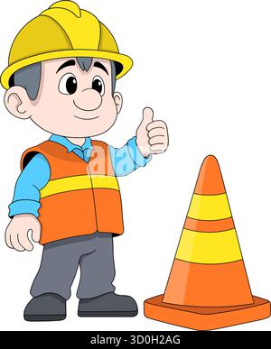 Vector cartoon illustration of a smiling construction worker giving a thumbs up beside an orange traffic cone Stock Vector