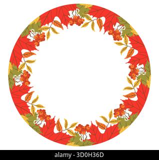 Fall round wreath frame. Seasonal maple leaves and rowan berries border. Thanksgiving circular template. Stock Vector