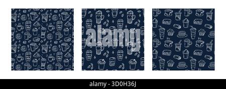 Black and white doodle style seamless coffee pattern with cups, beans, and pots, great for cafe branding and design. Stock Vector