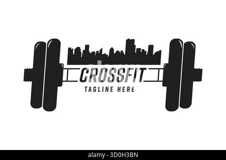 Dynamic logo concept showcasing a barbell integrated with an urban city skyline and CROSSFIT text, perfect for fitness branding Stock Vector