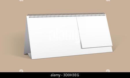 Realistic vector mockup of a blank spiral-bound desk calendar on a beige background. Perfect for branding, design presentations Stock Vector