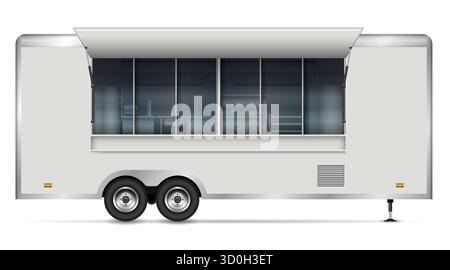 Realistic vector mockup of a modern white food truck with its service window open, revealing a kitchen interior. Perfect for menus, ads, or business Stock Vector