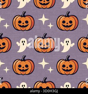 Charming Halloween seamless pattern with cute smiling pumpkins, playful ghosts, and scattered stars on a dusty retro background, whimsical vector desi Stock Vector