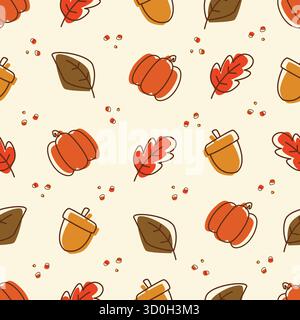 An abstract seamless pattern with drawn pumpkins, acorns, and leaves in warm colors perfect for Thanksgiving decor. Stock Vector