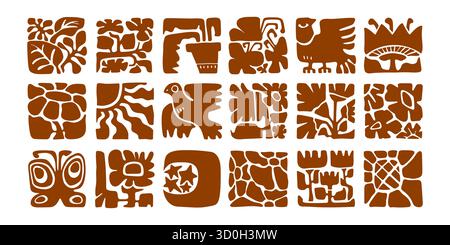 Brown boho tiles with organic motifs in square frames - leaves, birds and flowers for decorative stamps or backgrounds. Folk art with nature cutout silhouettes, sun elements and geometric designs. Stock Vector