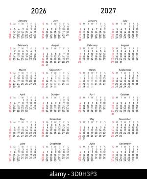 Detailed Calendar for 2026 and 2027 Showing All Months Clearly. Stock Vector