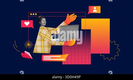 Creative collage. Smiling woman using laptop with chat icons symbolizing customer engagement. Stock Photo
