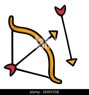 A charming vector illustration of a golden bow with a drawn string and two arrows, one nocked and ready, the other flying, with red fletching and yell Stock Vector