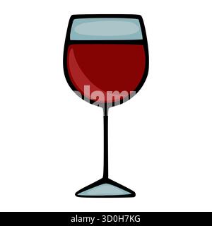 A simple, stylized vector illustration of a wine glass filled with rich red wine, featuring a light blue rim and base, presented on a clean white back Stock Vector