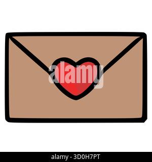 Charming vector illustration of a closed brown envelope with a vibrant red heart symbol on its flap, perfect for romantic correspondence. Stock Vector