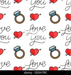 Seamless vector pattern featuring hand-drawn hearts pierced by arrows, engagement rings with blue gems, and romantic calligraphy phrases like "love yo Stock Vector